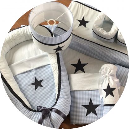 SET # lichtblauw ruitjes  en wit met mini sterren en donkergrijs ster applicatie