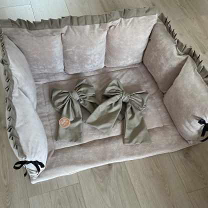 Beige velvet met taupe roezels, Boxset Lea, Boxkleed, Boxrand en/of Strikken