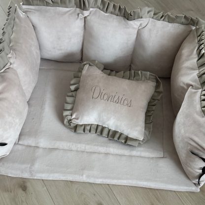 13 BOXSET BEIGE VELVET met ROEZELS TAUPE   - Boxkleed, Boxrand en kussentje