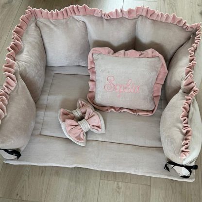 BOXSET beige velvet Sophia met nude roze roezels Boxkleed, Boxrand en kussentje