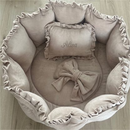 BOXSET Alisa beige velvet met roezels Boxkleed, Boxrand en kussentje