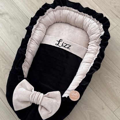 CUSTOM MADE Babynestje met roezels in ZWART velvet - kleur binnenzijde naar keuze - Afbeelding 3