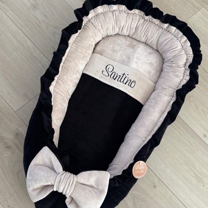 CUSTOM MADE Babynestje met roezels in ZWART velvet - kleur binnenzijde naar keuze - Afbeelding 5