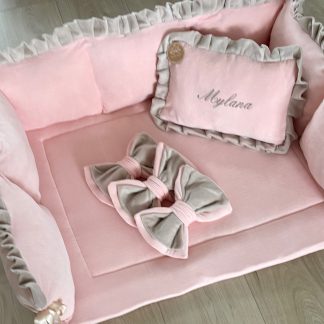 STEL ZELF SAMEN boxset Velvet MYLANA babyroze en beige - Boxkleed, Boxrand, kussentje en 3 strikken